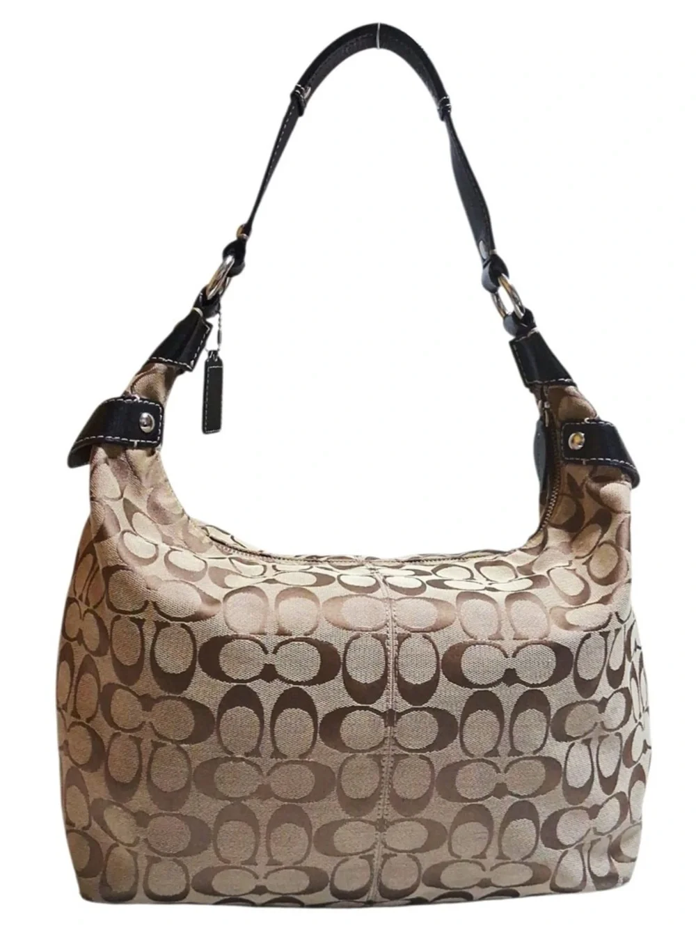 COACH Penelope Signature Hobo Canvas Bag Tan Brown with Black Handle and Trim